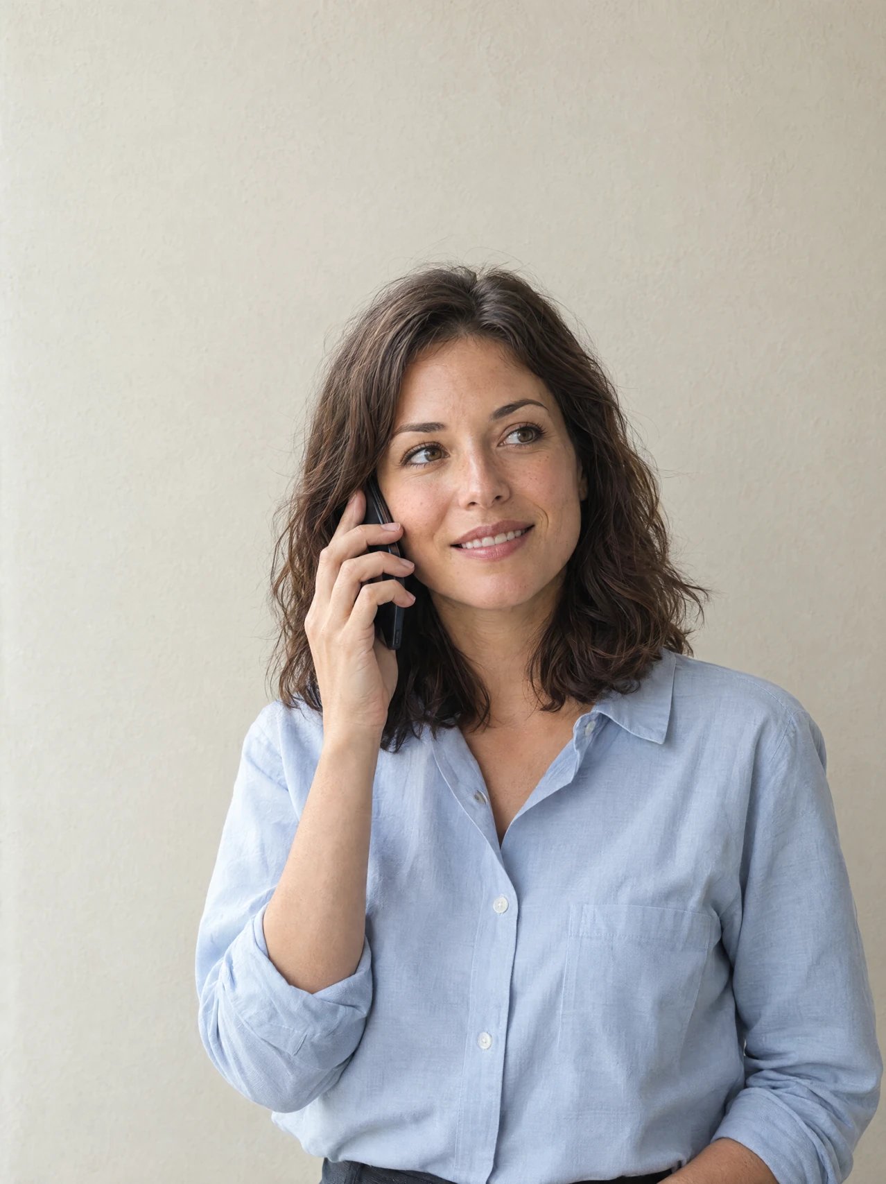 Une professionnelle en chemise bleu clair échange au téléphone.