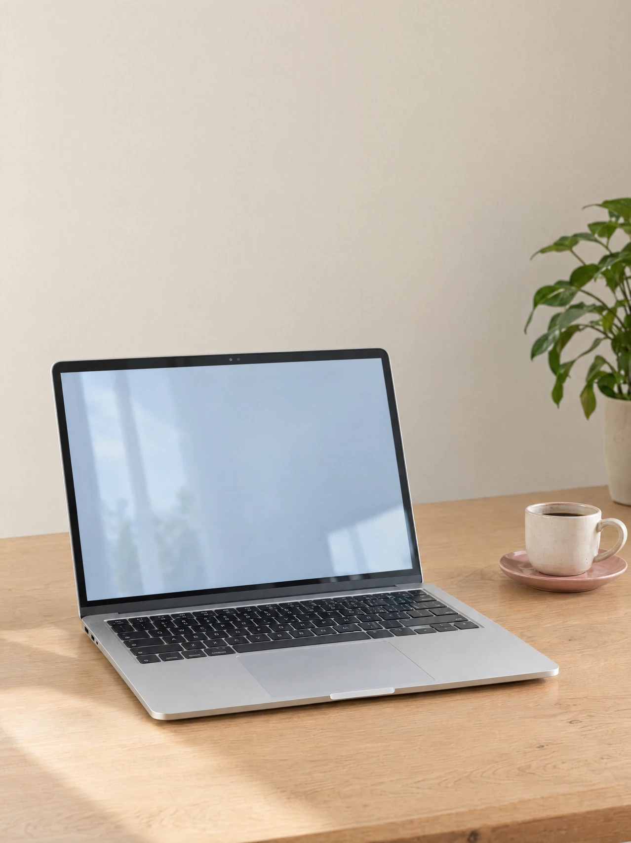 Un ordinateur en aluminium sur un bureau en bois clair, avec une tasse et une plante.