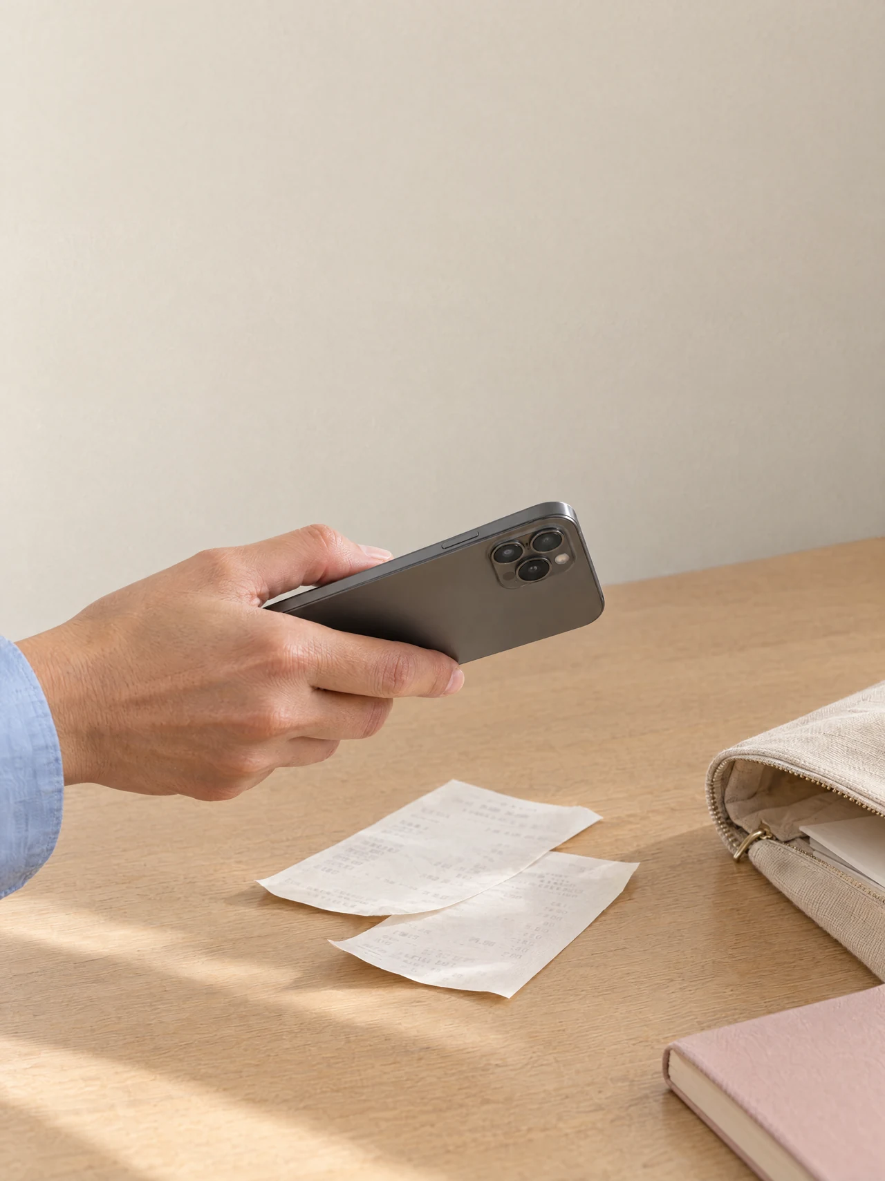 Une main tient un téléphone au-dessus de reçus posés sur un bureau.