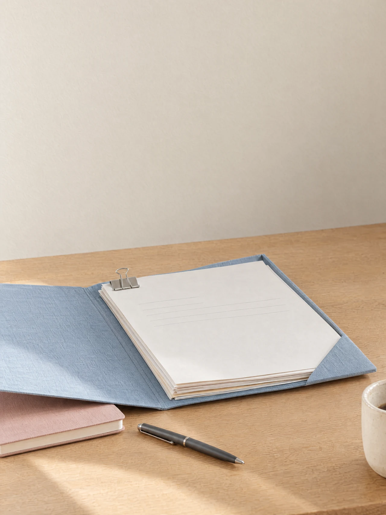 Des documents classés dans un dossier bleu clair sur un bureau en bois.